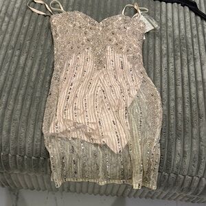 Scala Beige Sequin Mini Dress